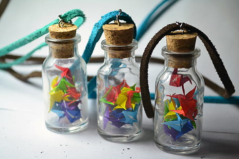 tsuru, paper, paste, bottles, do it yourself, multi colored, glass - material, transparent, still life, no people, variation, table, container, choice, indoors, close-up, focus on foreground, side by side, jar, creativity, art and craft, flower, plant, nature, group of objects, 4K, CC0, public domain, royalty free
