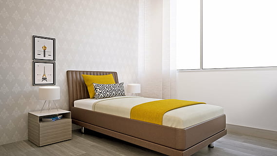 bruin houten bed, slaapkamer, licht, ruimte, binnen, binnenshuis, venster, afwezigheid, interieur, bed, geen mensen, luxe, dag, home showcase interieur, meubilair, huiskamer, architectuur, modern, netjes, nette kamer, hoofdkussen, ingebouwde structuur, comfortabel, huis, verlichtingsapparatuur, rijkdom, gebouw, bevloering, knus, elektrische lamp, 2K, CC0, publiek domein, royaltyvrij