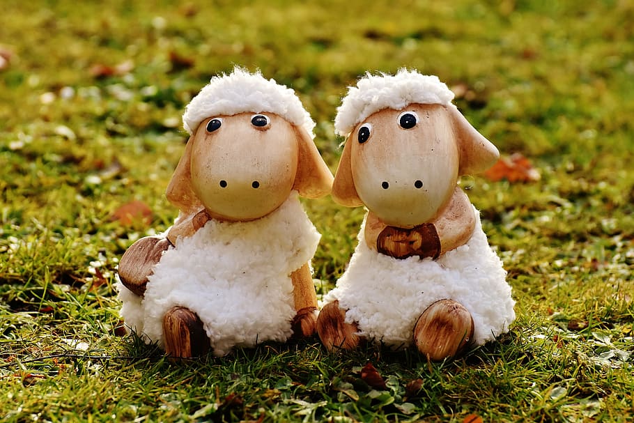 dos, blanc, decoració d’ovelles, verd, herba, ovelles, deco, ceràmica, bonic, figura, joguina suau, llana, cara, ungulate, joguines, animal, divertit, decoració de pasqua, celebració, cap gent, dia, Pasqua, a l'aire lliure, menjar, primer pla, representació, representació humana, creativitat, joguina, semblança masculina, art i artesania, figureta, festa, naturalesa, planta, centrar-se en primer pla, Color blanc, camp, 5K