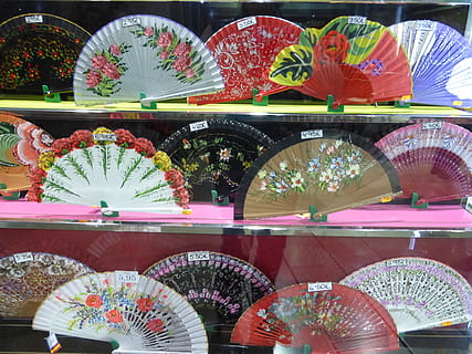 spain, subjects, dance, fan, colorful, souvenir, shop, flower, retail, for sale, choice, variation, arrangement, market, multi colored, large group of objects, indoors, no people, business, retail display, store, market stall, abundance, shopping, collection, day, small business, hand fan, sale, floral pattern, consumerism, 2K, CC0, public domain, royalty free