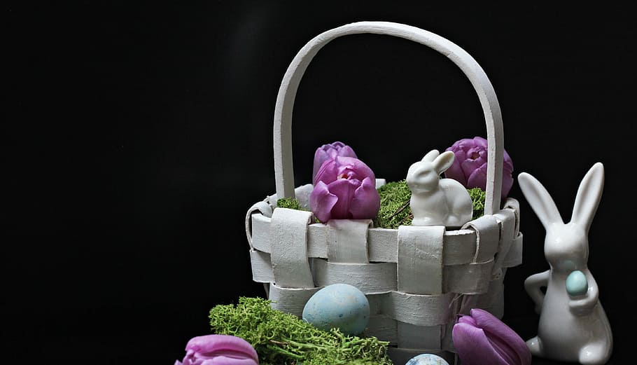 dos, blanc, ceràmica, conillets de pasqua, cistella de vímet, llebre, conill de Pasqua, Pasqua, primavera, figura, tulipes, porpra, tulipes morades, flors morades, cistella, osterkorb, Pasqua körbchen, decoració, decoració de pasqua, molsa, ou, blau, ous blaus, dekoeier, deco, Feliç Pasqua, salutació de pasqua, tema de pasqua, costums, invitació, estat de Pasqua, salutacions de pasqua, tradició, consum de primavera, mapa, targeta de felicitació, postal, salutació, flors, menjar, flor, tir de l'estudi, planta, contenidor, planta amb flors, cap gent, celebració, fons negre, color rosa, a l'interior, frescor, naturalesa, variació, menjar i beguda, natura morta, primer pla, elecció, test de flor, arranjament floral, 4K