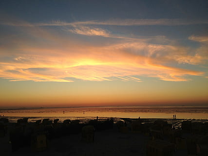 deniz, gün batımı, bulutlar, peyzaj, cloudscape, Wadden Sea, gökyüzü, Su, manzaralar - doğa, bulut - gökyüzü, ufuk, su üzerinde ufuk, plaj, doğada güzellik, huzur, arazi, sakin sahne, doğa, akşam karanlığı, turuncu renk, kum, insansız, dramatik gökyüzü, açık havada, 2K, CC0, kamu malı, telif ücretsiz