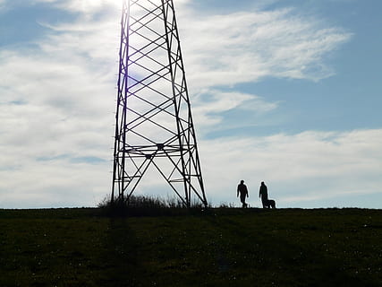 Pylon, Current, Electricity, strommast, current, electricity, iron, tower, building, metal, screw, rivet, gland, stable, personal, human, dog, walkers, run, go, hiking, sky, silhouette, communication, blue, nature, outdoors, cloud - sky, field, landscape, full length, land, real people, men, standing, togetherness, day, people, environment, low angle view, built structure, grass, 2K, CC0, public domain, royalty free