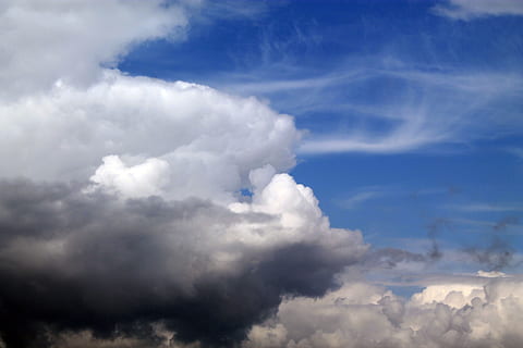 clouds, weather, cumulus clouds, storm clouds, atmosphere, air, clouds form, sky, cloud - sky, cloudscape, overcast, wind, beauty in nature, white color, storm cloud, blue, backgrounds, no people, scenics - nature, nature, thunderstorm, cumulonimbus, fluffy, outdoors, dark, meteorology, softness, abstract, rain, climate, 4K, CC0, public domain, royalty free
