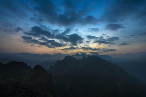 clouds, dark, mountain range, mountains, silhouette, sky, royalty  images, scenics - nature, mountain, beauty in nature, tranquil scene, tranquility, cloud - sky, sunset, environment, idyllic, non-urban scene, nature, no people, landscape, rock, majestic, outdoors, dusk, mountain peak, 5K, CC0, public domain, royalty free