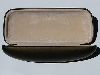 Glasses, Case, Sheath, Container, glasses case, storage, oblong, narrow, pops up, single Object, isolated, white background, no people, studio shot, close-up, aluminum, day, indoors, appliance, still life, retro styled, table, high angle view, shadow, tray, metal, food and drink, handle, food, directly above, 2K, CC0, public domain, royalty free