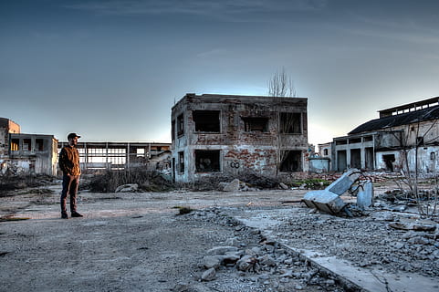 man, standing, 2-story, concrete, building, hdr, destroyed area, old factory, desolate, abandoned area, abandoned, old, industrial, disaster, zone, chernobyl, nuclear, factory, empty, indurstrial area, conflict area, destruction, pollution, destroyed building, destroyed, damage, earthquake, catastrophe, destroyed city, ruins, ruined, demolished, architecture, sky, built structure, building exterior, damaged, one person, real people, men, run-down, full length, obsolete, decline, nature, deterioration, lifestyles, bad condition, outdoors, breaking, 4K, CC0, public domain, royalty free