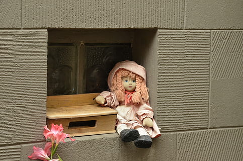 pop, vindue, væg, sten-, dekoration, barn, legetøj, tøjdyr, repræsentation, menneskelig repræsentation, ingen mennesker, Bamse, lyserød farve, kvindelig lighed, dag, arkitektur, sidder, murbygningsfunktion, dukke, Kunst og håndværk, skulptur, bygget struktur, indendørs, uskyld, 4K, CC0, offentligt domæne, royaltyfrie