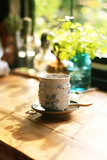 gray, teacup, saucer, round, white, table, hot, cafe, greentea, food and drink, no people, selective focus, mug, still life, wood - material, cup, drink, indoors, day, close-up, focus on foreground, freshness, nature, container, potted plant, refreshment, plant, crockery, tea cup, 5K, CC0, public domain, royalty free