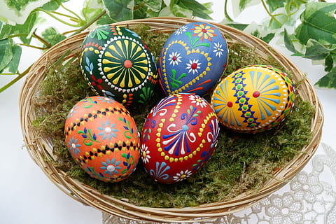several, assorted-color easter eggs, brown, wicker basket, easter, ornament, background, egg easter egg, sorbian easter egg, basket easter decoration, easter decorations, easter crafts, easter decoration, colorful easter eggs, colorful eggs, sorbian motives, ornate, decorate, spring, basket, easter egg paint, happy easter, orange easter egg, blue easter egg, red easter egg, green easter egg, yellow easter egg, colored egg, easter theme, graphic, design, bossi technology, first scrim, easter greeting, customs, pattern, art and craft, multi colored, food, still life, easter egg, food and drink, no people, shape, creativity, craft, egg, close-up, indoors, holiday, decoration, high angle view, floral pattern, 4K, CC0, public domain, royalty free