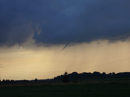 tornado forming, thunderstorm, weather, storm, clouds, threatening, tornado, sky, cloud - sky, sunset, environment, beauty in nature, tranquility, landscape, tranquil scene, scenics - nature, nature, silhouette, no people, non-urban scene, land, field, idyllic, plant, tree, outdoors, 2K, CC0, public domain, royalty free