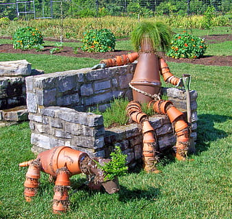 Park, Bench, Bench, Stone, Figures, Dog, Man, park, bench, stone, sitting, artistic, creative, friendship, flower, pots, outdoors, grass, adults only, agriculture, adult, day, plant, nature, growth, field, land, green color, one person, real people, front or back yard, leisure activity, sunlight, lifestyles, casual clothing, container, women, human representation, gardening, 1080P, CC0, public domain, royalty free