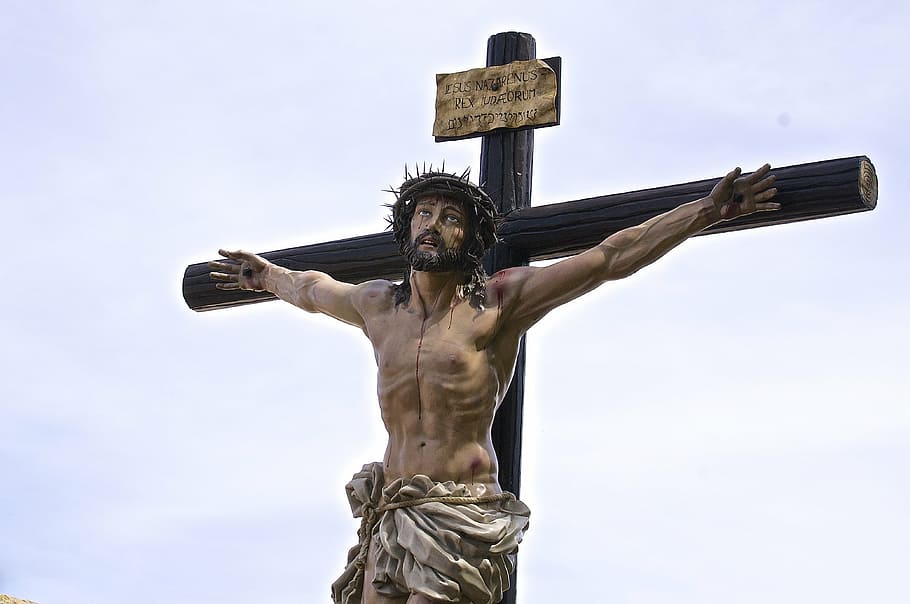 jesus christ photography, easter, christ, passion, catholics, believer, festival, spain, sacrifice, religion, albacete, well glen, statue, christianity, cross, catholicism, jesus Christ, crucifix, spirituality, sculpture, belief, shirtless, nature, sky, low angle view, day, outdoors, human representation, adult, people, human arm, chest, semi-dress, arms raised, 4K