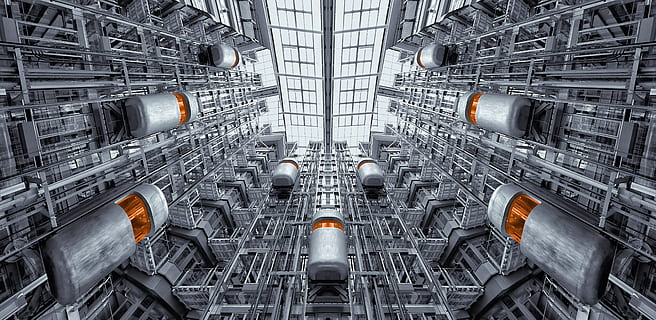 landscape photography, factory, daytime, architecture, berlin, building, elevator, engineerig, futuristic, industry, interior, iron, lifts, ludwig erhard haus, pipe, skylight, steel, steel structure, technology, tube, no people, indoors, symmetry, control, full frame, large group of objects, built structure, metal, backgrounds, panoramic, illuminated, business, transportation, in a row, alloy, 5K, CC0, public domain, royalty free