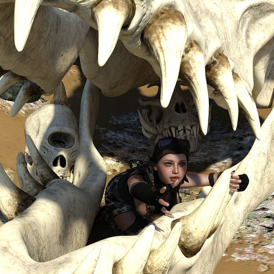 dona, endins, crani d’animals, fòssil, crani i ossos creuats, dent, ciclops, apocalipsi, ciència ficció, endavant, crani, estrany, anatomia, os de crani, horripilant, dents, esquelet, fantasia, naturalesa, aterridor, criatura, fòssils, morir, os, mort, pi, mamífer, mossegar, animal, una persona, gent, retrat, un sol home, adult, persones reals, activitat d'oci, estils de vida, dia, representació, mirant, roba casual, art i artesania, escultura, a l'aire lliure, creativitat, adult jove, 2K
