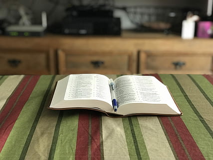 bíblia, blue, pen, book page, open, reading, read, book, mark, publication, education, indoors, learning, literature, page, expertise, paper, studying, table, focus on foreground, religion, belief, still life, wisdom, home interior, no people, textbook, hardcover book, 4K, CC0, public domain, royalty free