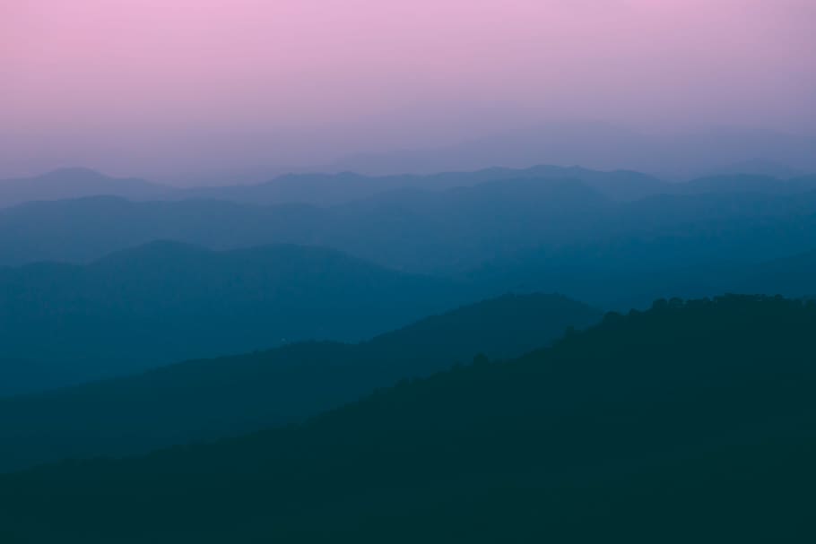foggy, mountain, horizon, fog over mountain, pink, landscape, tree, woodland, beauty in nature, scenics - nature, tranquil scene, tranquility, sky, no people, environment, idyllic, nature, non-urban scene, silhouette, backgrounds, sunset, majestic, fog, outdoors, mountain range, 5K