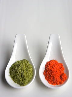 two, white, serving, spoons, filled, condiments, blur, close-up, cooking, focus, ingredients, powder, spices, spoon, studio shot, food and drink, spice, indoors, food, green color, freshness, ground - culinary, kitchen utensil, ingredient, white background, no people, household equipment, gray background, colored background, eating utensil, red, still life, wooden spoon, paprika, 4K, CC0, public domain, royalty free