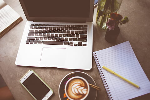 coffee, pen, notepad, table, Computer, technology, business, laptop, desk, coffee - Drink, office, computer Keyboard, wood - Material, cup, internet, pencil, wireless Technology, no People, working, note pad, indoors, connection, high angle view, drink, still life, refreshment, communication, keyboard, portable information device, paper, publication, book, computer equipment, 4K