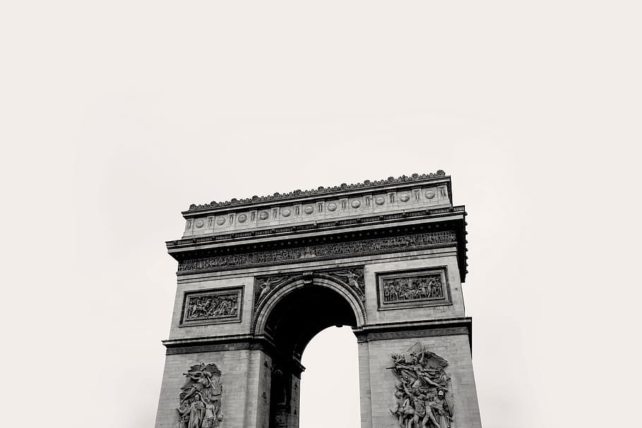yerler, işaret, mimari, yapı, Paris, Avrupa, ark, siyah ve beyaz, Zafer Kemeri, kemer, düşük açılı görünüş, Kent, turizm, seyahat yerleri, Tarihçe, geçmiş, anıt, seyahat, yapılı yapı, gün, insansız, gökyüzü, kopya alanı, açık hava, doğa, açık havada, oyma, 2K
