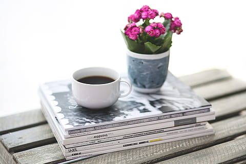 tassa, cafè, pila, llibres, periòdic, revista, flor, kalanchoe, rosa, blanc, lectura, temps, trencar, taula, cafè - beguda, llibre, publicació, beure, frescor, planta amb flors, menjar i beguda, refresc, tassa de cafè, planta, cap gent, natura morta, naturalesa, beguda calenta, centrar-se en primer pla, paper, vaixella, tassa de te, arranjament floral, 5K, CC0, domini públic, lliure de regalies