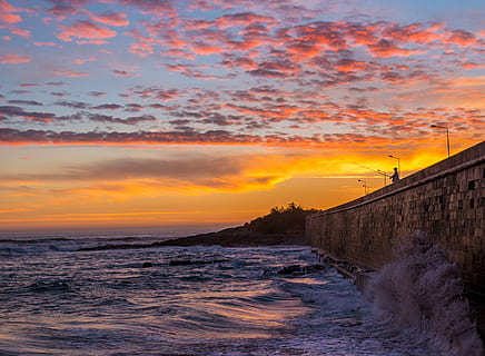 carcavelos evening., ocean waves, slamming, concrete, dock, golden, hour, cloud, sky, sunset, ocean, wave, water, sea, cloud - sky, orange color, nature, beauty in nature, horizon over water, scenics - nature, horizon, built structure, architecture, motion, dramatic sky, beach, land, outdoors, no people, power in nature, 4K, CC0, public domain, royalty free