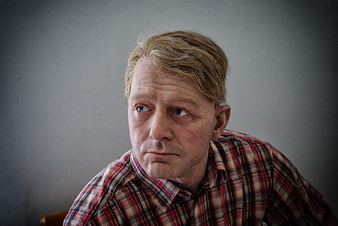 Mann, Kerl, Museum, Bild, Pop, Menschen, männlich, Gesicht, Statue, Porträt, Kamera betrachten, Kopfschuss, eine Person, drinnen, Vorderansicht, echte Menschen, Lebensstile, Erwachsene, Legere Kleidung, Karomuster, reifer erwachsener, Männer, Wandbau - Funktion, grauer Hintergrund, Freizeitbeschäftigung, Vignette, reife Männer, Betrachtung, 4K, CC0, gemeinfrei, lizenzfrei
