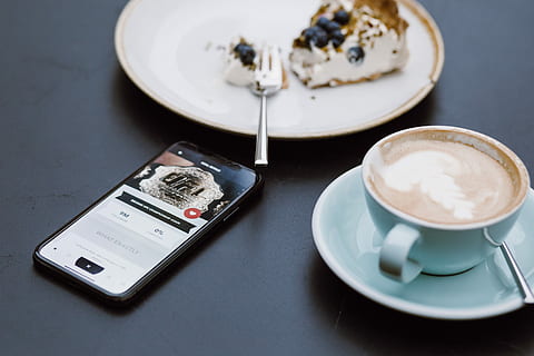 teal, ceramic, teacup, saucer, beside, black, smartphone, cake, round, white, plate, food and drink, coffee, coffee - drink, drink, crockery, cup, coffee cup, refreshment, table, mug, still life, no people, indoors, cappuccino, spoon, kitchen utensil, eating utensil, hot drink, food, latte, tray, 4K, CC0, public domain, royalty free