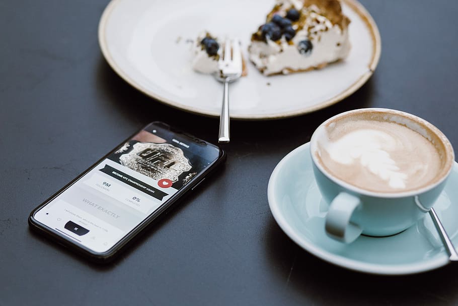 teal, ceramic, teacup, saucer, beside, black, smartphone, cake, round, white, plate, food and drink, coffee, coffee - drink, drink, crockery, cup, coffee cup, refreshment, table, mug, still life, no people, indoors, cappuccino, spoon, kitchen utensil, eating utensil, hot drink, food, latte, tray, 4K