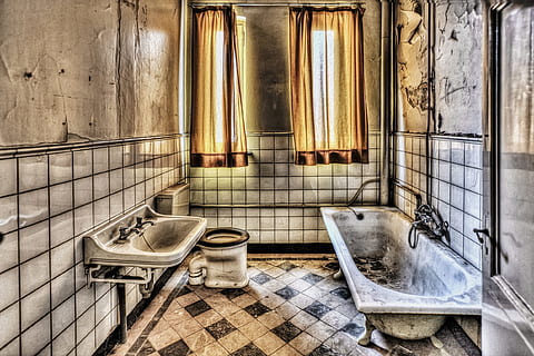 bianca, vasca da bagno smaltata, Lavello, bagno, hdr, monastero, scaduto, vecchio, architettura, scadenza, stato di decadimento, costruzione, gabinetto, in casa, stanza domestica, nessuno, abbandonato, pavimentazione, finestra, sporco, piastrella, bagno domestico, assenza, edificio pubblico, danneggiato, caratteristica della parete, giorno, bagno pubblico, deterioramento, pavimento piastrellato, 1080P, CC0, dominio pubblico, privo di copyright