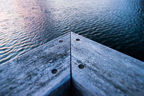 gray, wooden, corner, body, water, board, body of water, bannister, deck, rail, railing, nature, no People, outdoors, lake, close-up, textured, day, backgrounds, selective focus, metal, architecture, high angle view, wood - material, full frame, built structure, pattern, shape, geometric shape, silver colored, surface level, 5K, CC0, public domain, royalty free