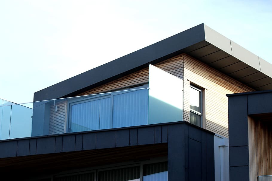 architecture, building, infrastructure, structure, establishment, house, clouds, sky, veranda, built structure, building exterior, low angle view, clear sky, blue, modern, no people, day, glass - material, nature, city, outdoors, window, pattern, office, facade, office building exterior, 5K