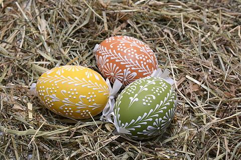 drei, Gelb, Grün, Eier, Ostereier, Ei, gemalt, Ostern, Frohe Ostern, bunte Eier, gefärbte Eier, gekochte Eier, Farbe, Dekoration, bunt, farbig, gefärbte Ostereier, Oval, Osterei malen, schließen, Heu, Deko, Osterdekoration, Osterdekorationen, Brauch, Ostergrüße, Osterfeier, Osterei, Kulturen, Gras, Essen und Trinken, Feier, Lebensmittel, Studioaufnahme, keine Leute, Urlaub, Nahansicht, Pflanze, High Angle View, tierisches Ei, Verletzlichkeit, Natur, Zerbrechlichkeit, Feld, Land, Muster, 5K, CC0, gemeinfrei, lizenzfrei