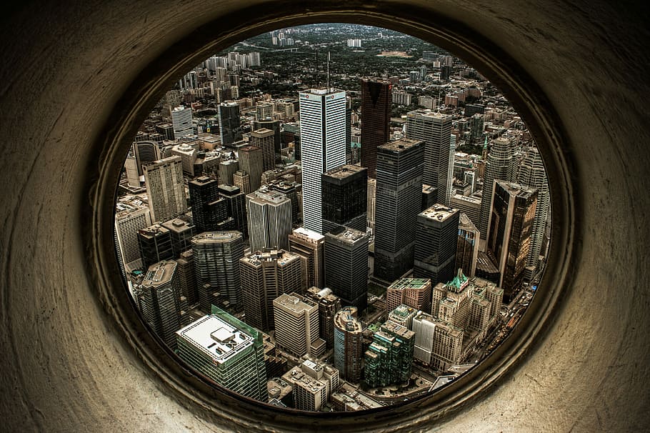 fotografia de peix de peix, alt, edificis elevats, aèria, vista, edificis, gratacels, despeses generals, a dalt, arquitectura, edifici, horitzó, centre de la ciutat, ull de peix, cercle, línia de sostre, toronto, hdr, ciutat, paisatge urbà, exterior de l'edifici, exterior d’edifici d’oficines, estructura construïda, forma geomètrica, alta - alta, cap gent, districte del centre de la ciutat, forma, dia, torre, barri residencial, destinacions de viatge, modern, districte financer, luxe, 4K