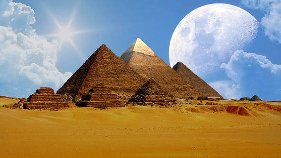 Marrone, piramidi, bianca, nuvoloso, cielo, Giza, Gizeh, Egitto, Cheops, sfinge, tomba, egyptians, Chefren, egiziano, Cairo, faraoni, spazio, mistico, faraonico, infinito, fantasia, fotomontaggio, universo, Weltwunder, Luna, super luna, chiaro di luna, Luna piena, cosmo, pianeta, mondo di fantasia, dio della creazione, piramide di cheops, creazione, monumento, nuvole, piramide, storia, architettura, vecchia rovina, struttura costruita, destinazioni di viaggio, nuvola - cielo, viaggio, il passato, nessuno, deserto, natura, antico, antica civiltà, turismo, esterno dell'edificio, blu, luce del sole, scenics - natura, all'aperto, clima arido, archeologia, 2K, CC0, dominio pubblico, privo di copyright