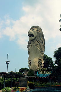 sentosa merlion, Sentosa, Merlion, statuie, sculptură, loc faimos, arhitectură, monument, nor - cer, cer, construită, vedere unghiulară joasă, artă și sculptură, reprezentare, reprezentare umană, creativitate, natură, nici o persoana, zi, plantă, copac, asemănarea bărbaților, ambarcațiune, în aer liber, 1080P, CC0, domeniu public, fără drepturi de autor
