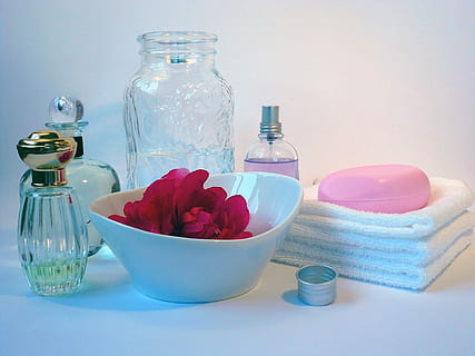 white, ceramic, bathroom containers, bowl, bath, soap, perfume, bottle, oil, massage, calm, relaxation, rest, no people, colored background, indoors, studio shot, container, still life, table, freshness, close-up, variation, glass - material, flower, flowering plant, food and drink, choice, jar, group, wellbeing, transparent, plant, food, 2K, CC0, public domain, royalty free