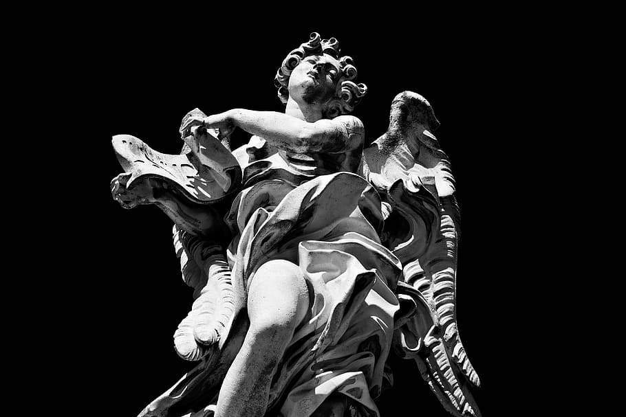 monochrome, shot, statue, rome, italy, High-contrast, River Tiber, Rome, Italy, urban, black And White, people, men, black background, adult, only men, one man only, sculpture, low angle view, human representation, representation, art and craft, male likeness, no people, craft, creativity, history, the past, architecture, outdoors, nature, studio shot, copy space, sky, built structure, angel, 4K