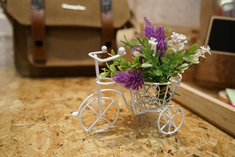 cykel lille, restaurant, komfortabel, træ - materiale, blomst, blomstrende plante, plante, ingen mennesker, fokus på forgrunden, natur, friskhed, cykel, transportmidler, land køretøj, skrøbelighed, sårbarhed, lyserød farve, beholder, skønhed i naturen, udendørs, dekoration, transportform, dag, lilla, blomster arrangement, buket, hjul, flok blomster, 5K