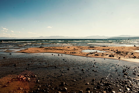 landscape photography, seashore, stones, beach, sand, nature, sea, landscape, sky, water, no People, scenics, coastline, outdoors, travel Locations, horizon over water, land, scenics - nature, beauty in nature, tranquility, tranquil scene, horizon, wave, motion, sunset, day, low tide, 720P, CC0, public domain, royalty free