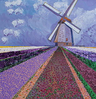 landschap, denkbeeldig, molen, wind, windmolen, coulissen, schilderij, natuur, geen mensen, bloem, bloeiende plant, dag, architectuur, schoonheid in de natuur, veld-, ingebouwde structuur, richting, perspectief verminderen, buitenshuis, fabriek, de weg vooruit, hernieuwbare energie, milieu, brandstof en stroomopwekking, buitenkant van het gebouw, Purper, landelijke scène, 1080P, CC0, publiek domein, royaltyvrij