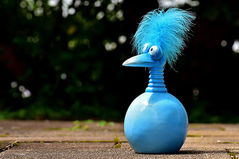joker, blue, funny, weird bird, cute, feather, decoration, deco, ceramic, figure, bird, no people, close-up, nature, focus on foreground, vertebrate, one animal, day, outdoors, animals in the wild, animal wildlife, animal body part, tree, plant, park, park - man made space, inflatable, 5K, CC0, public domain, royalty free