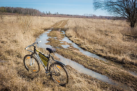 sykkel, ledet, ri, tur, spasere, skitt, vår, farget, stå på ski, natur, landsby, vei, landlig, skitten, pinne, uframkommelig, villmark, transport, land, transportmiddel, felt, land kjøretøy, dag, anlegg, himmel, ingen folk, landskap, stasjonær, tre, ikke-urbane scene, gress, utendørs, naturskjønnhet - natur, rolig scene, ro, 5K, CC0, offentlig domene, opphavsrett gratis