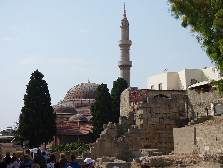 rhodes, Grecia, costruzione, architettura, struttura costruita, esterno dell'edificio, luogo di culto, religione, turismo, cielo, cupola, viaggio, destinazioni di viaggio, credenza, spiritualità, natura, gruppo di persone, albero, giorno, folla, all'aperto, visita, 4K