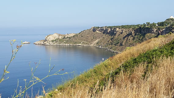 Sea, Summer, Island, Landscape, costa, summer, island, sicily, nature, grass, day, outdoors, no people, field, water, plant, sky, scenics - nature, beauty in nature, tranquility, land, tranquil scene, environment, clear sky, beach, non-urban scene, cliff, horizon over water, 5K, CC0, public domain, royalty free