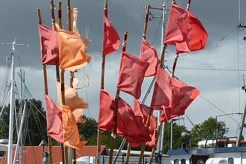 bandiere, mare, bandiera, soffio, vento, patriottismo, giorno, nessuno, Inquadratura dal basso, rosso, natura, variazione, all'aperto, scelta, ambiente, sospeso, cielo, esterno dell'edificio, luce del sole, architettura, gruppo di oggetti, struttura costruita, indipendenza, 4K, CC0, dominio pubblico, privo di copyright