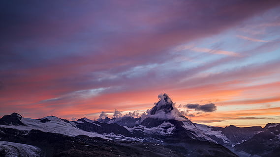 panorama, fotografering, fjell, dekket, snø, snødekte fjell, himmel, solnedgang, Sky, topp, oransje, snowcap, blå, fjellkjede, sollys, fjellkanten, matter, lilla, horisont, landskap, naturskjønnhet - natur, sky - himmel, kaldtemperatur, skjønnhet i naturen, vinter, miljø, natur, fjelltopp, dramatisk himmel, reisemål, skumring, rolig scene, ro, utendørs, ingen folk, 5K, CC0, offentlig domene, opphavsrett gratis