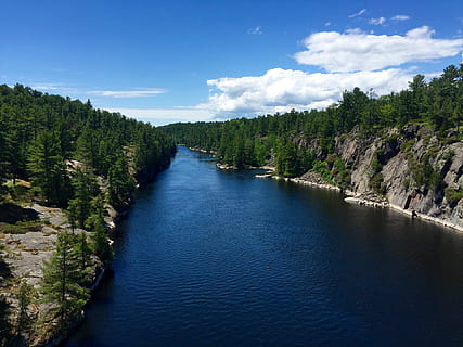 Landscape, Nature, River, Water, Forest, water, forest, rocks, sky, blue, clouds, serene, serenity, potential, vast, nature landscape, summer, outdoor, scenery, travel, horizon, environment, natural, scenics, tree, lake, outdoors, mountain, beauty In Nature, green Color, rock - Object, cloud - sky, plant, scenics - nature, tranquility, tranquil scene, no people, non-urban scene, day, land, idyllic, growth, 1080P, CC0, public domain, royalty free