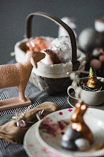 round dinner table, decorated, easter motifs, Round, dinner, table, easter, motifs, grey, holidays, decorations, celebration, cup, food, dessert, close-up, drink, tea - Hot Drink, plate, indoors, fork, no people, day, food and drink, selective focus, kitchen utensil, freshness, still life, sweet food, home interior, household equipment, eating utensil, refreshment, sweet, mug, crockery, tray, 5K