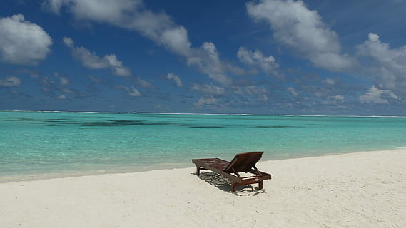 sand, beach, ease, waters, sky, beauty in nature, water, land, sea, cloud - sky, tranquility, scenics - nature, tranquil scene, horizon over water, idyllic, horizon, chair, nature, seat, day, no people, outdoors, turquoise colored, 4K, CC0, public domain, royalty free